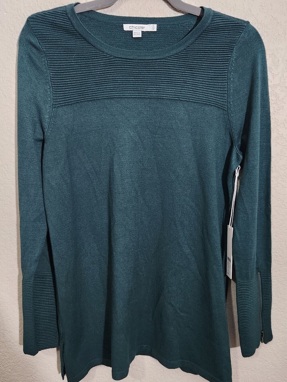Chico's Teal Rib Yoke Long Sleeve Crew Sweater Enchanted Forest Tunic